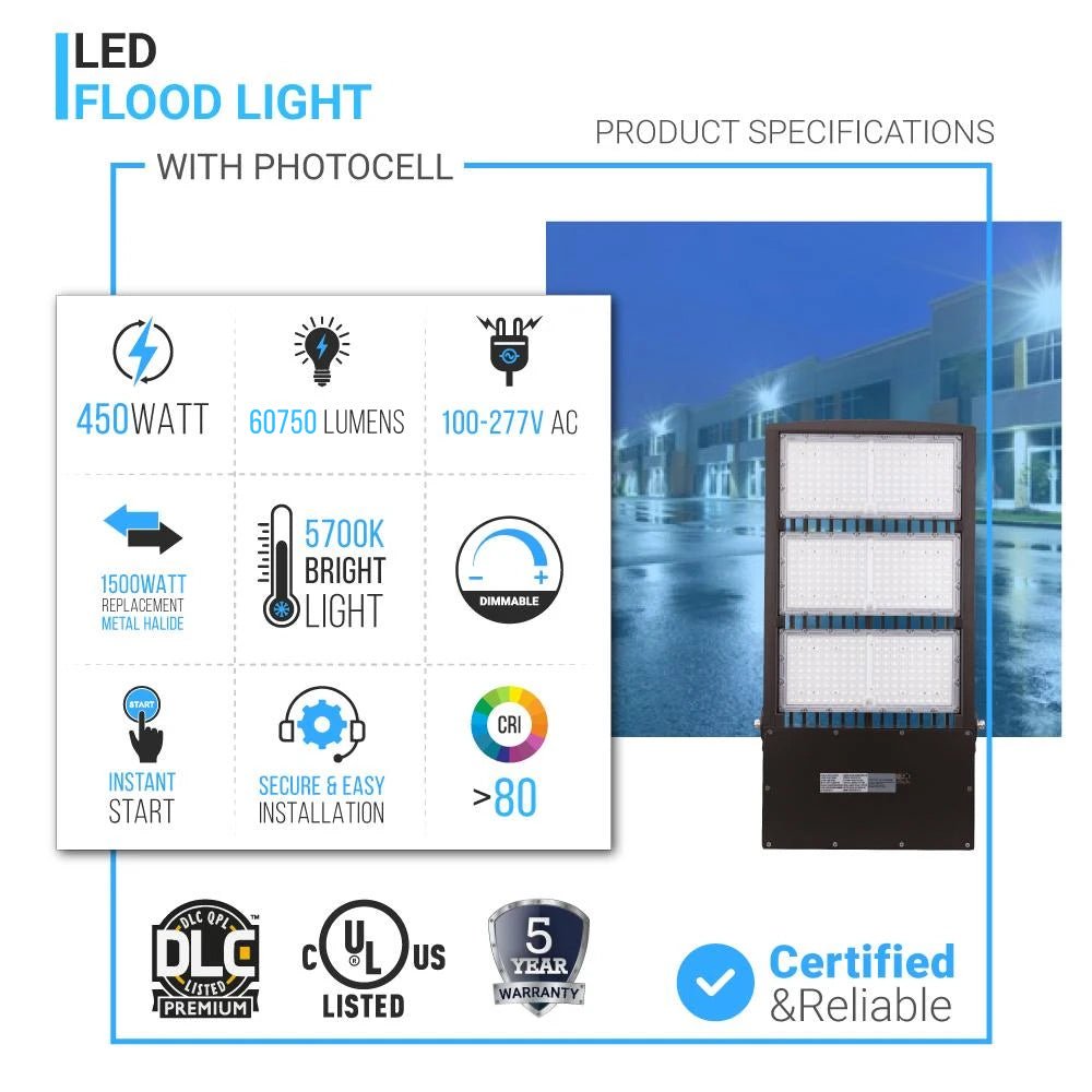 LED Flood Light With Photocell, 450W 5700K, AC100-277V, Stadium Lights, With 20KV Surge Protector, IP65 Waterproof Outside Floodlight Exterior Security Light for Yard, Street, Parking Lot