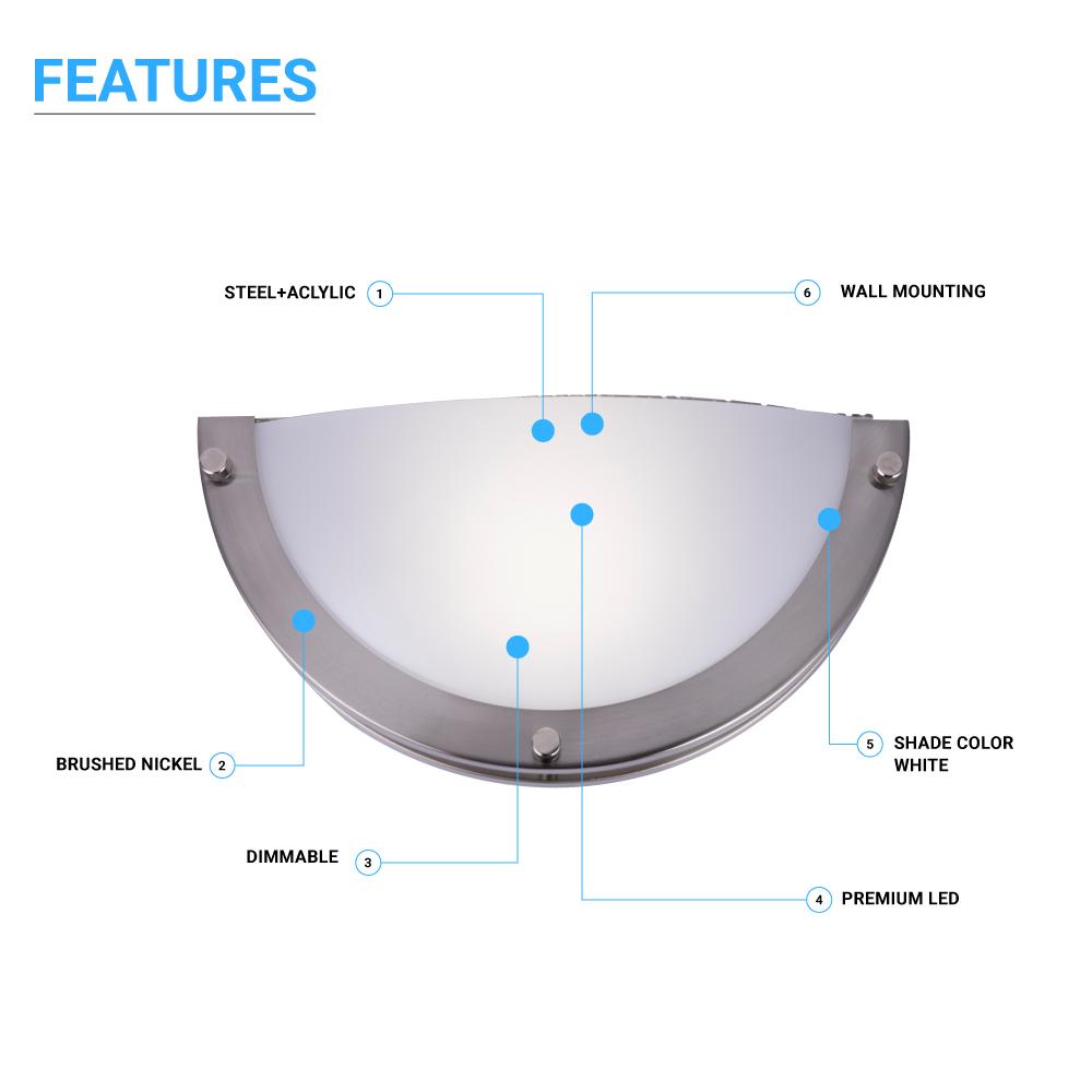 LED Half-Moon Wall Sconce Light 12W, 750 Lumens, Brushed Nickel Finish, White Acrylic Shade, ETL Listed, Hallway Light Fixtures
