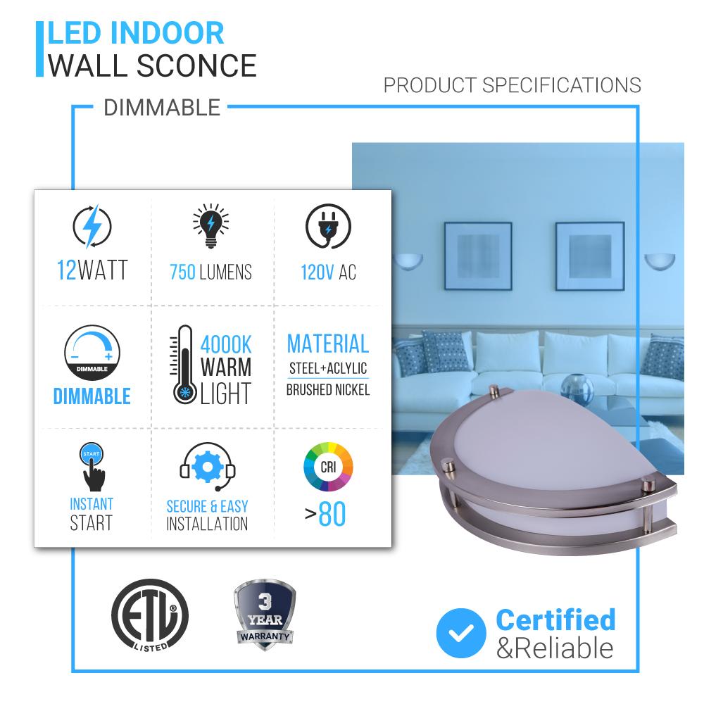 LED Half-Moon Wall Sconce Light 12W, 750 Lumens, Brushed Nickel Finish, White Acrylic Shade, ETL Listed, Hallway Light Fixtures