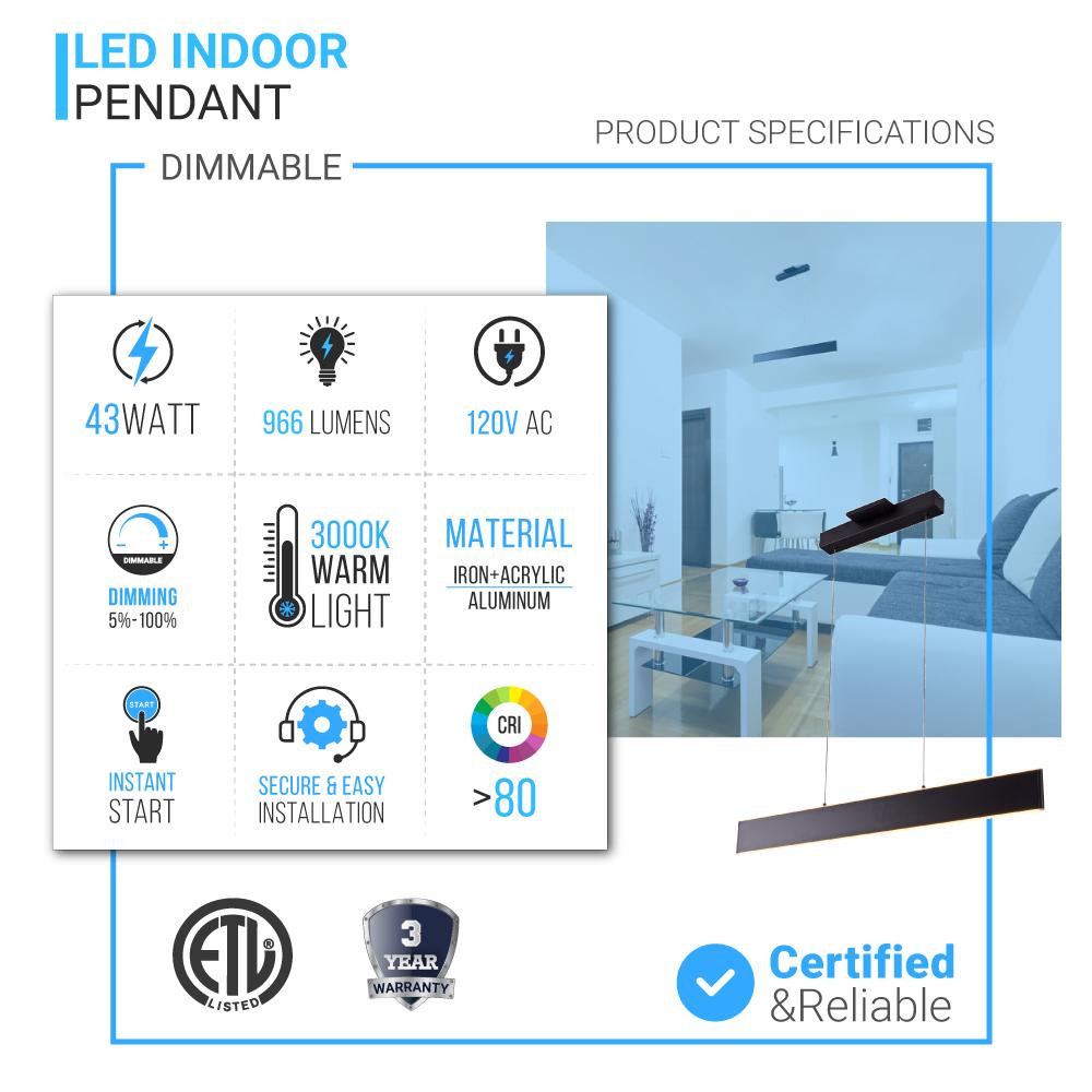 LED Kitchen Island Light Chandelier, 43W, 3000K, 966LM, Dimmable, 5 Years Warranty