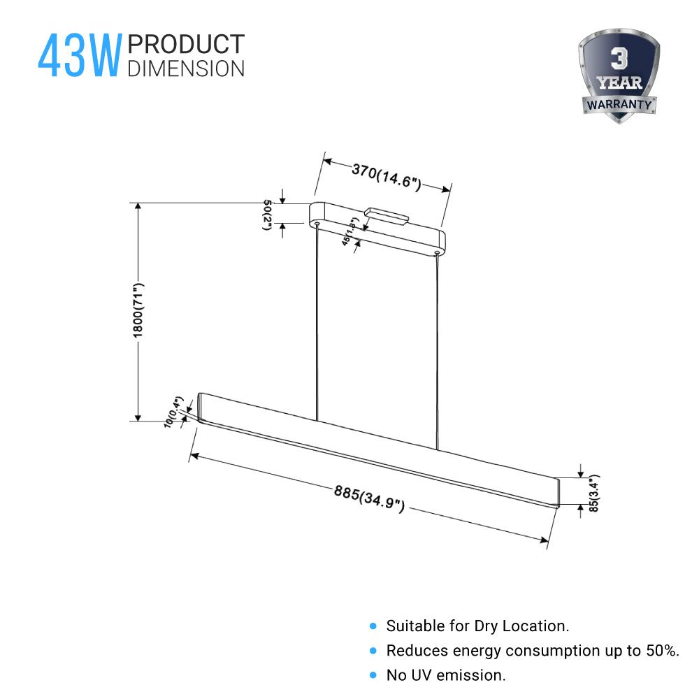 LED Kitchen Island Light Chandelier, 43W, 3000K, 966LM, Dimmable, 5 Years Warranty