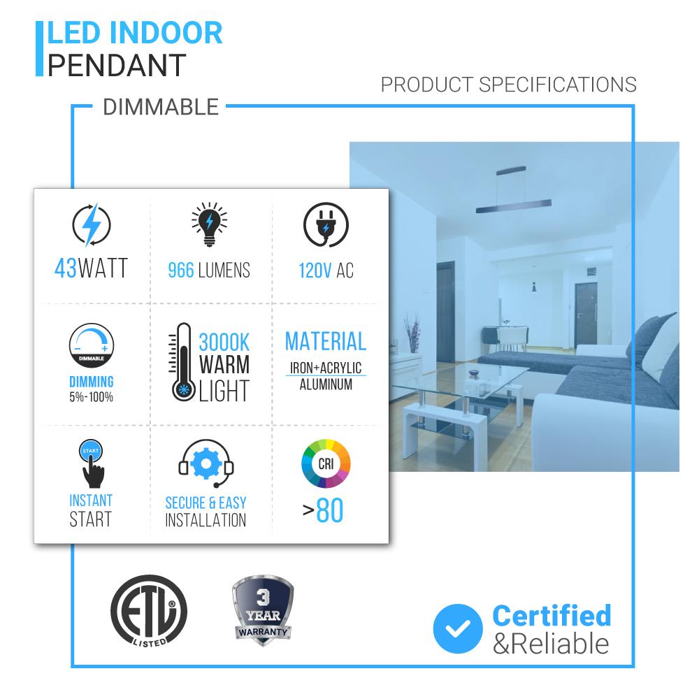 LED Kitchen Island Light Chandelier, 43W, 3000K, 966LM, Dimmable, 5 Years Warranty