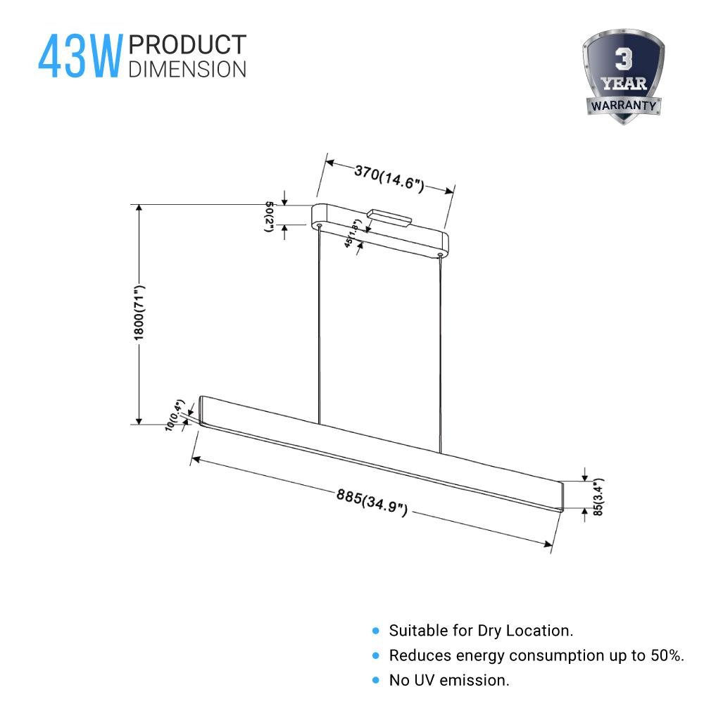 LED Kitchen Island Light Chandelier, 43W, 3000K, 966LM, Dimmable, 5 Years Warranty