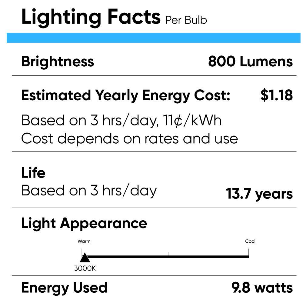 LED Light Bulbs A19 9.8W 3000K 800 Lumens 120V Dimmable E26 Base Damp Location Standard LED Bulbs