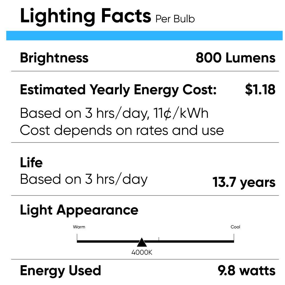 LED Light Bulbs A19 9.8W 4000K 800 Lumens 120V Dimmable E26 Base Damp Location Standard LED Bulbs