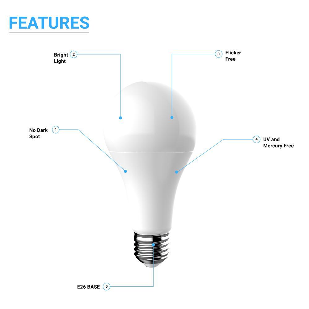 LED Light Bulbs A21 16 Watt 1600 Lumens 5000K Daylight White Dimmable E26 Base Damp Location, Standard LED Bulbs