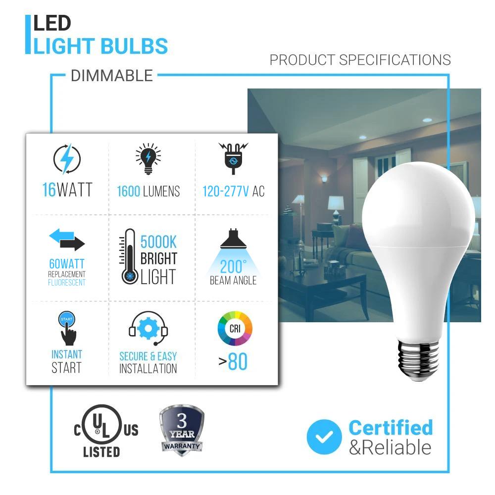 LED Light Bulbs A21 16 Watt 1600 Lumens 5000K Daylight White Dimmable E26 Base Damp Location, Standard LED Bulbs