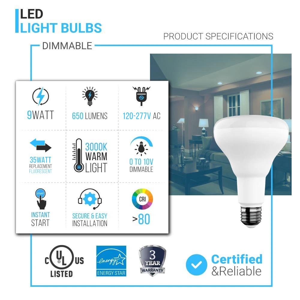 LED Light Bulbs BR30 9 Watt 3000K 650 Lumens 120V Dimmable E26 Base Damp Location LED Indoor Recessed Flood Light