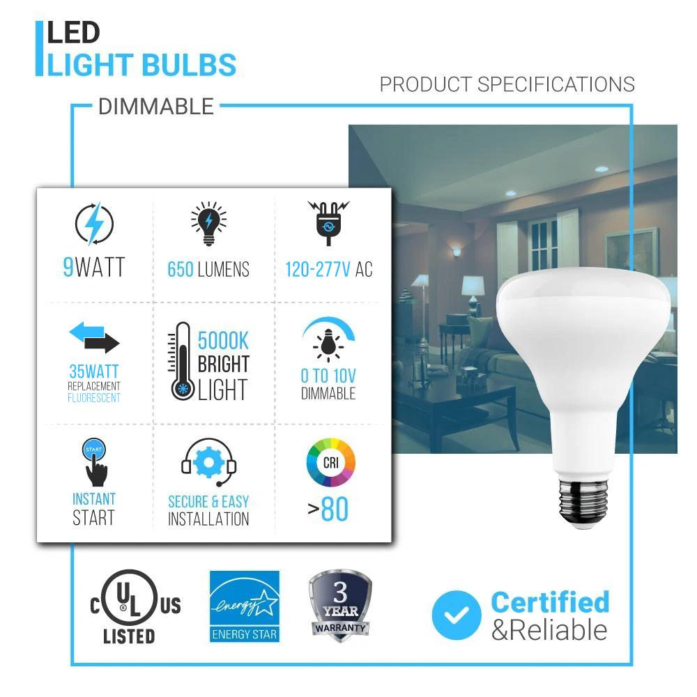 LED Light Bulbs BR30 9 Watt 5000K 650 Lumens 120V Dimmable E26 Base Damp Location LED Indoor Recessed Flood Light