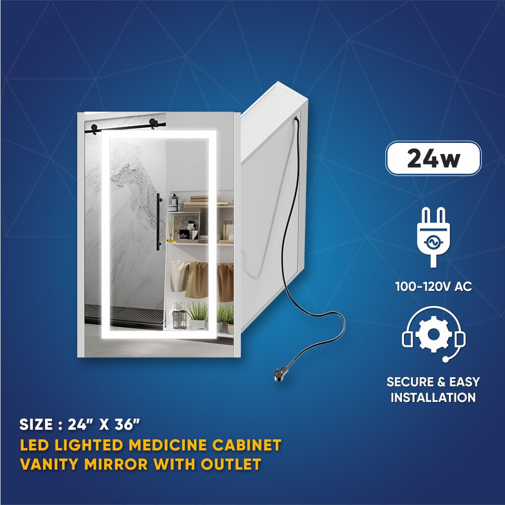 LED Lighted Bathroom Medicine Cabinet with Outlet, Double Sided Mirror, On/Off Switch, ETL, RoHS Listed, 90+ CRI, Surface Mount, Medicine Cabinet with LED Mirror, Benign Style