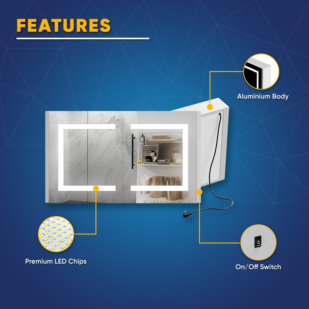 LED Lighted Bathroom Medicine Cabinet with Outlet, Double Sided Mirror, On/Off Switch, ETL, RoHS Listed, 90+ CRI, Surface Mount, Medicine Cabinet with LED Mirror, Benign Style