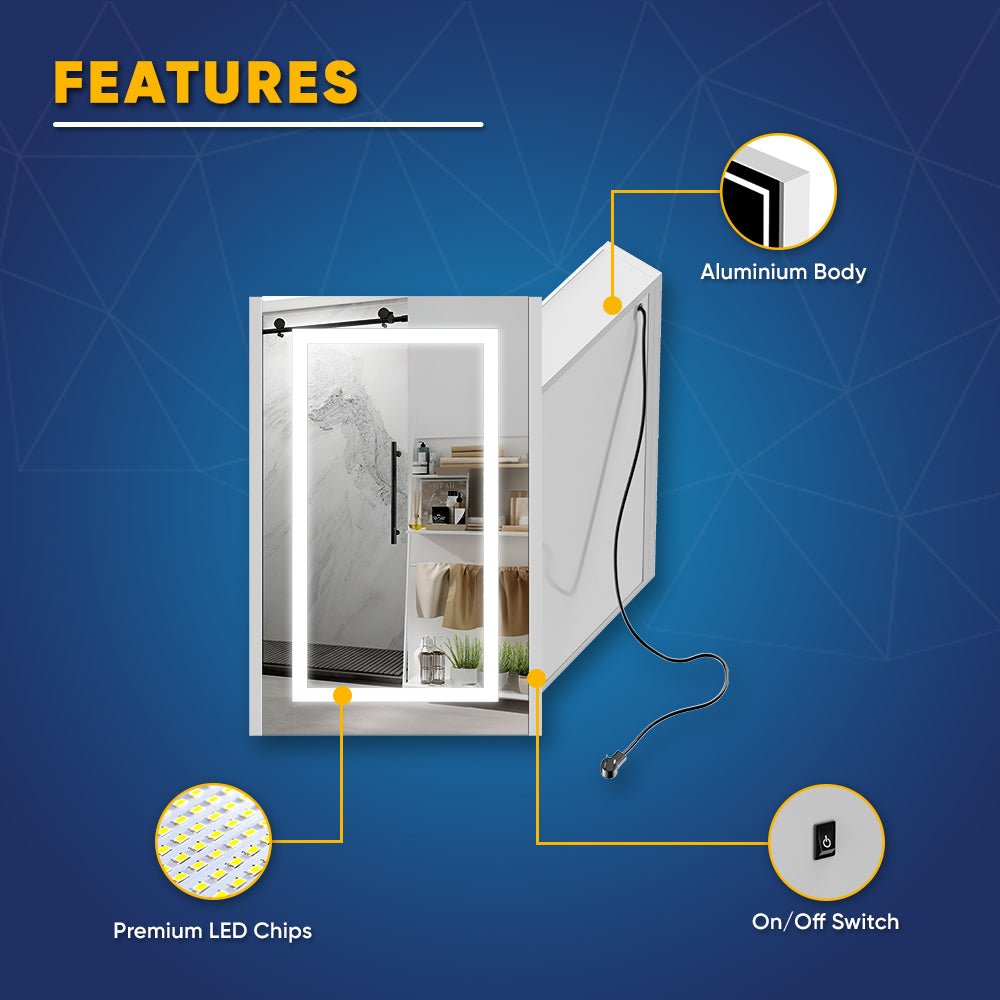 LED Lighted Bathroom Medicine Cabinet with Outlet, Double Sided Mirror, On/Off Switch, ETL, RoHS Listed, 90+ CRI, Surface Mount, Medicine Cabinet with LED Mirror, Benign Style