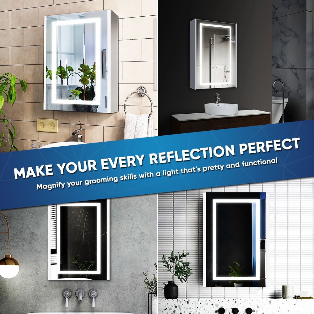LED Lighted Bathroom Medicine Cabinet with Outlet, Double Sided Mirror, On/Off Switch, ETL, RoHS Listed, 90+ CRI, Surface Mount, Medicine Cabinet with LED Mirror, Benign Style