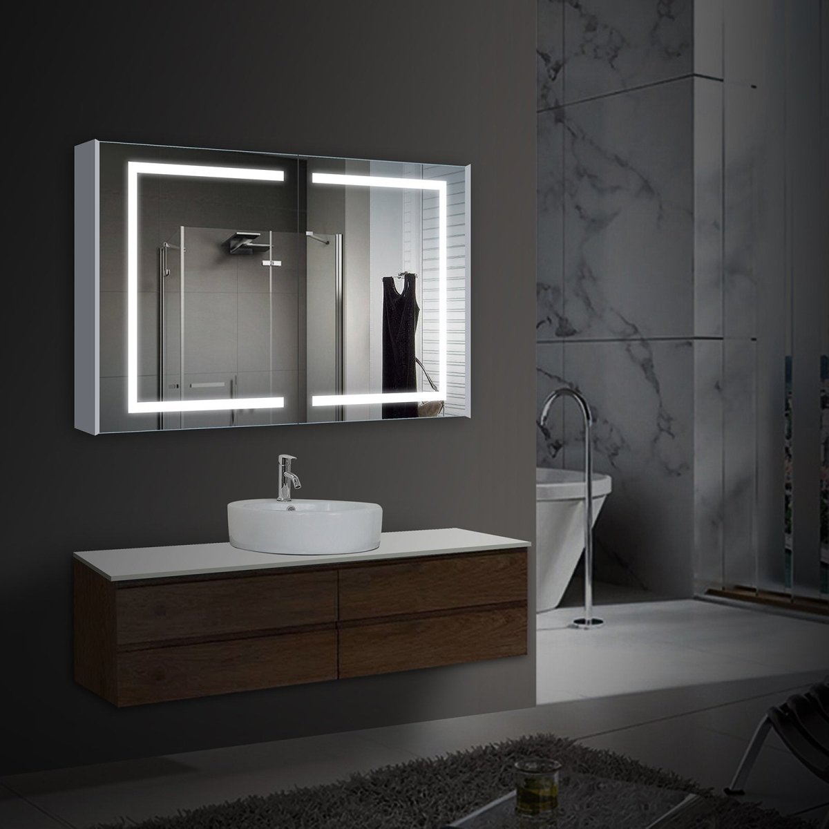 LED Lighted Bathroom Medicine Cabinet with Outlet, Double Sided Mirror, On/Off Switch, ETL, RoHS Listed, 90+ CRI, Surface Mount, Medicine Cabinet with LED Mirror, Benign Style