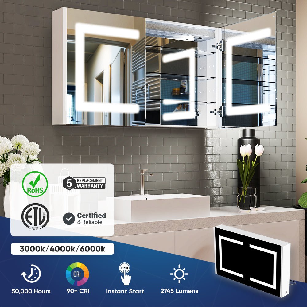 LED Lighted Bathroom Medicine Cabinet with Outlet, Double Sided Mirror, On/Off Switch, ETL, RoHS Listed, 90+ CRI, Surface Mount, Medicine Cabinet with LED Mirror, Benign Style
