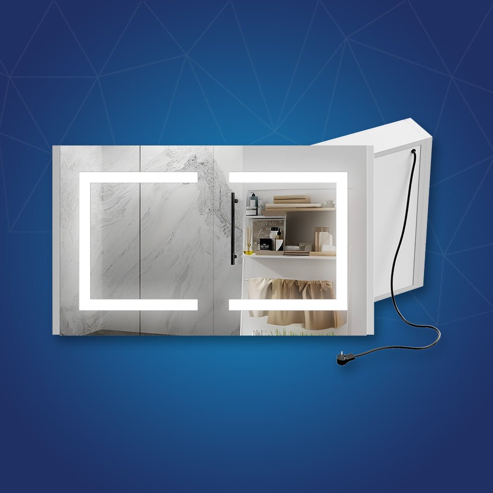 LED Lighted Bathroom Medicine Cabinet with Outlet, Double Sided Mirror, On/Off Switch, ETL, RoHS Listed, 90+ CRI, Surface Mount, Medicine Cabinet with LED Mirror, Benign Style