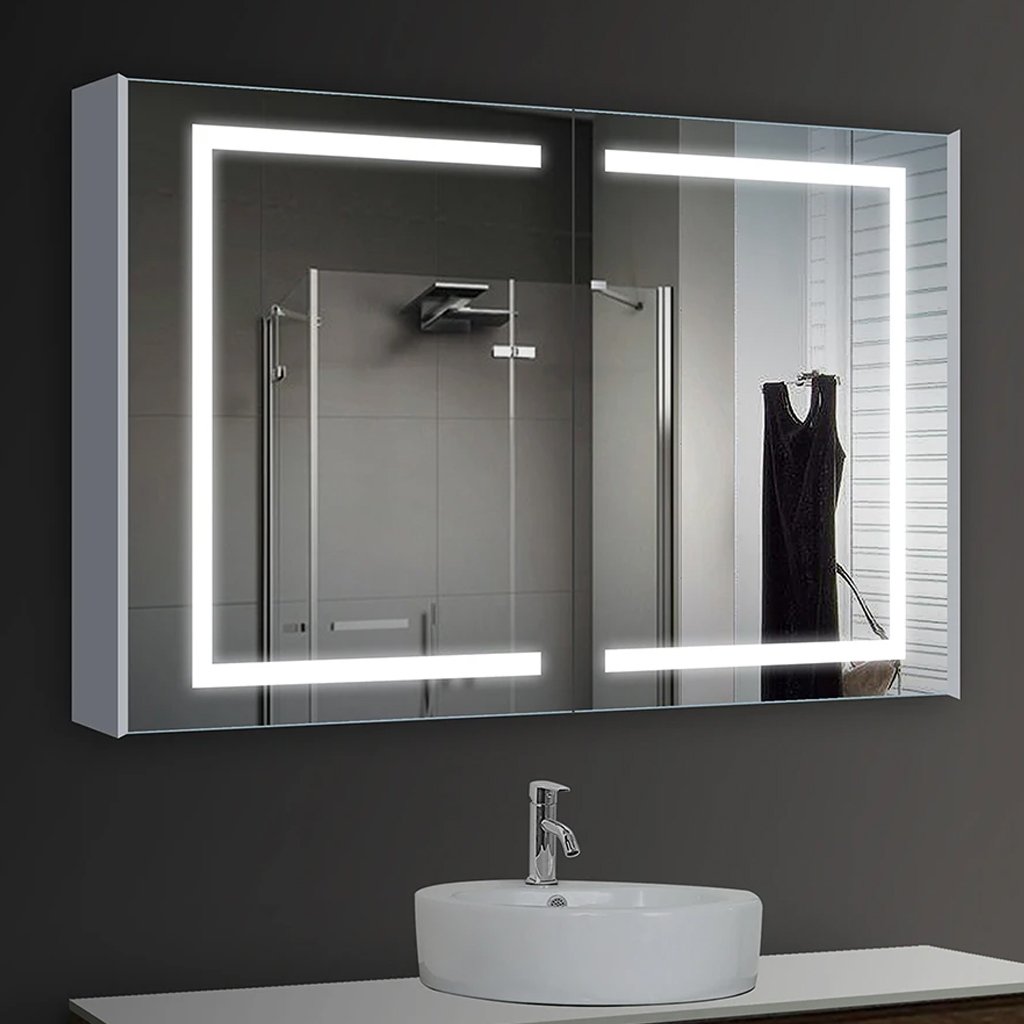 LED Lighted Bathroom Medicine Cabinet with Outlet, Double Sided Mirror, On/Off Switch, ETL, RoHS Listed, 90+ CRI, Surface Mount, Medicine Cabinet with LED Mirror, Benign Style