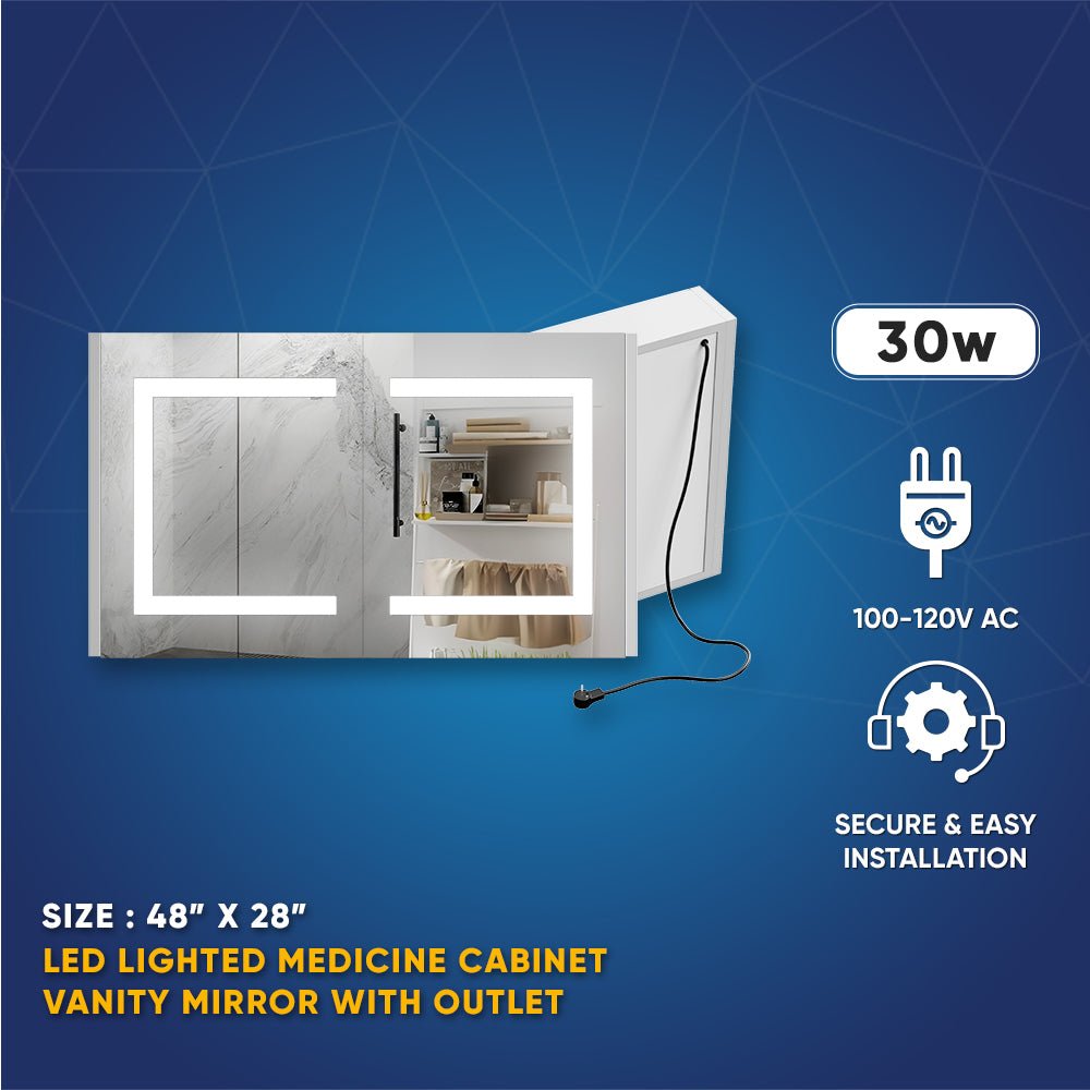 LED Lighted Bathroom Medicine Cabinet with Outlet, Double Sided Mirror, On/Off Switch, ETL, RoHS Listed, 90+ CRI, Surface Mount, Medicine Cabinet with LED Mirror, Benign Style
