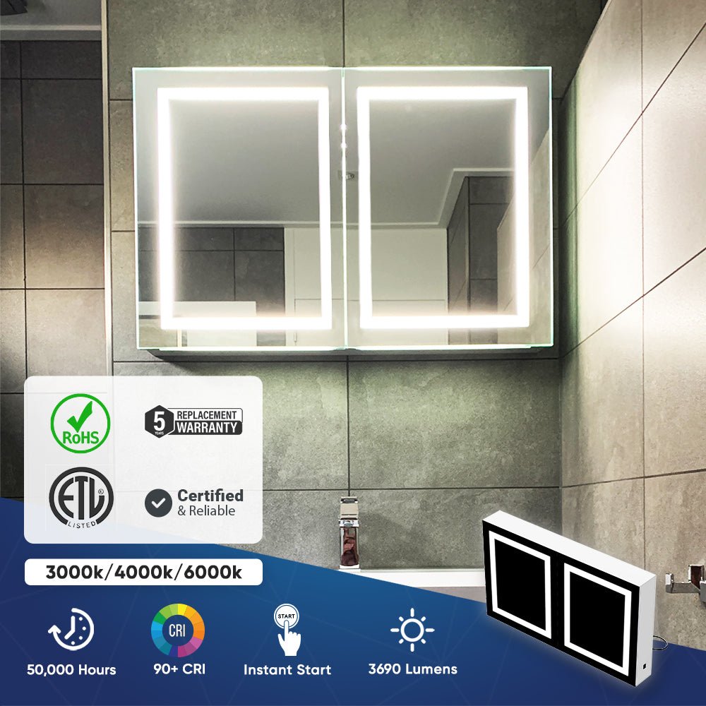 LED Lighted Bathroom Medicine Cabinet with Outlet, Double Sided Mirror, On/Off Switch, Surface Mount, Medicine Cabinet with LED Mirror, CRI 90+, Hector Style