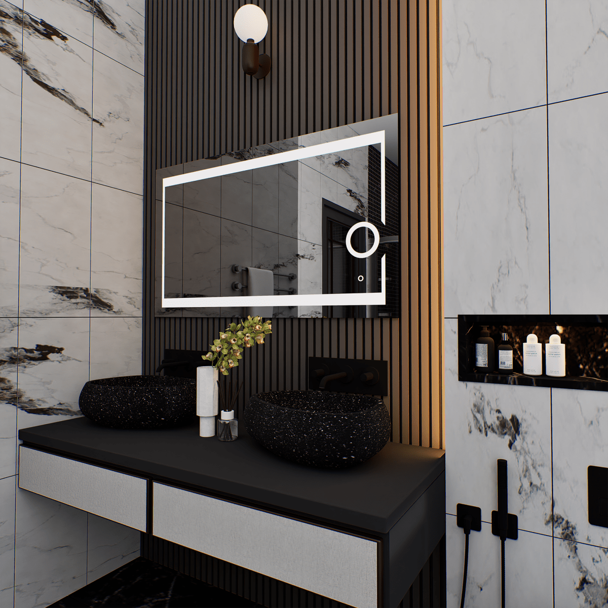 LED Lighted Bathroom Vanity Mirror with Magnifying Mirror, Anti-Fog, Touch Button, CRI 90+,Adjustable Color Temperature & Remembrance Makeup Mirror, Auspice Style