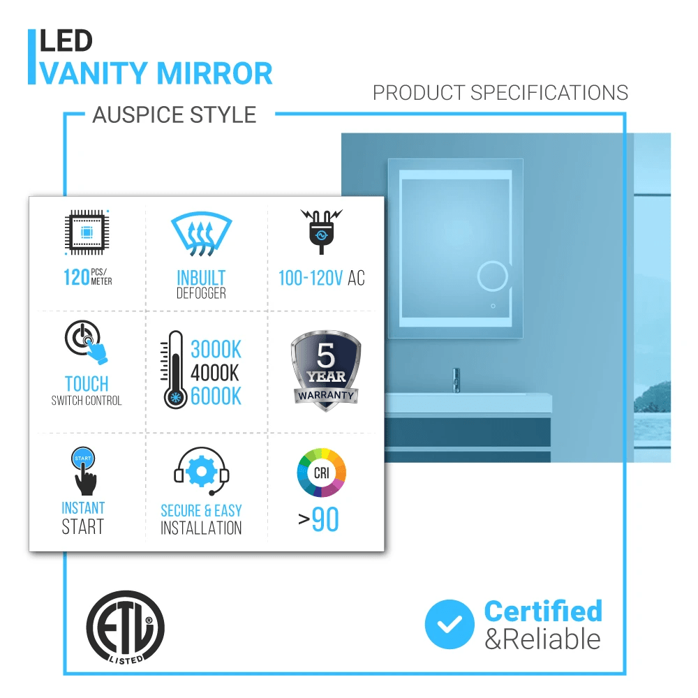 LED Lighted Bathroom Vanity Mirror with Magnifying Mirror, Anti-Fog, Touch Button, CRI 90+,Adjustable Color Temperature & Remembrance Makeup Mirror, Auspice Style