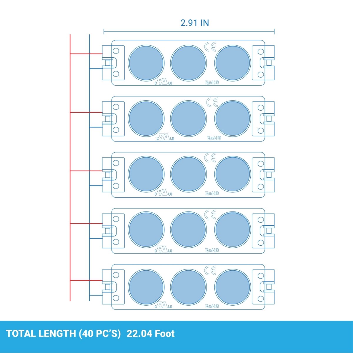 LED Module Lights, 3LEDs/Mod, DC12V, 0.72W, Blue, Waterproof Decorative Light for Letter Sign Advertising Signs with Tape Adhesive Backside (40-Pack)