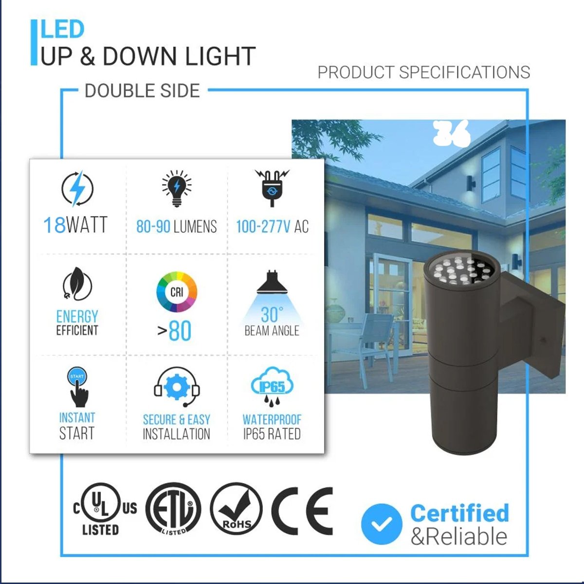 LED Outdoor Up & Down Lights With Remote, RGBW, Cylinder, 18WX1, AC100-277V, IP65, ETL CE RoSH Approval, Outdoor Wall Lights