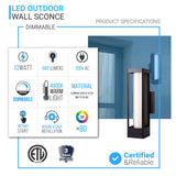 LED Outdoor Wall Sconce, Matte Black Finish, 12W, ETL Listed - Wet Location, Dimmable
