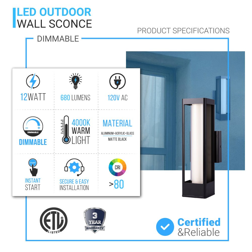 LED Outdoor Wall Sconce, Matte Black Finish, 12W, ETL Listed - Wet Location, Dimmable