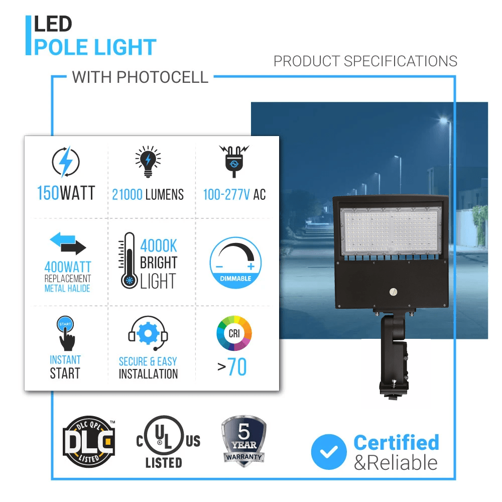 LED Pole Light with Dusk to Dawn Photocell, 150W/120W/100W Wattage Adjustable, 4000K, Universal Mount, Bronze, AC120-277V, IP65 Waterproof, LED Parking Lot Lights - Outdoor Commercial Area Street Lighting, Gen14B
