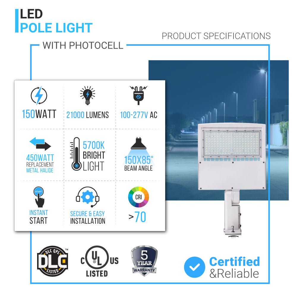 LED Pole Light with Dusk to Dawn Photocell, 150W/120W/100W Wattage Adjustable, 5700K, Universal Mount (Adjustable Slip Fitter + Wall Mount), White, IP65 Waterproof, AC120-277V, Gen14B, LED Parking Lot Lights - Outdoor Commercial Area Street Lighting