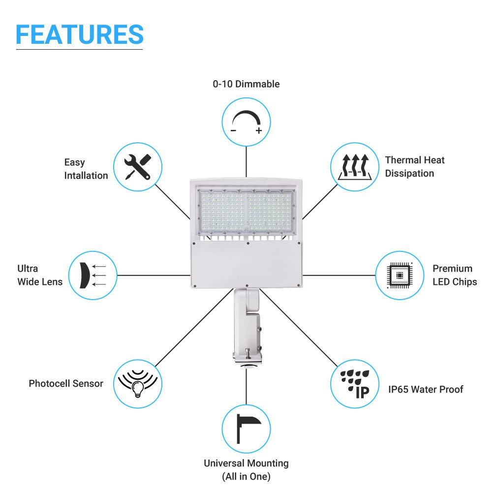 LED Pole Light with Dusk to Dawn Photocell, 150W/120W/100W Wattage Adjustable, 5700K, Universal Mount (Adjustable Slip Fitter + Wall Mount), White, IP65 Waterproof, AC120-277V, Gen14B, LED Parking Lot Lights - Outdoor Commercial Area Street Lighting
