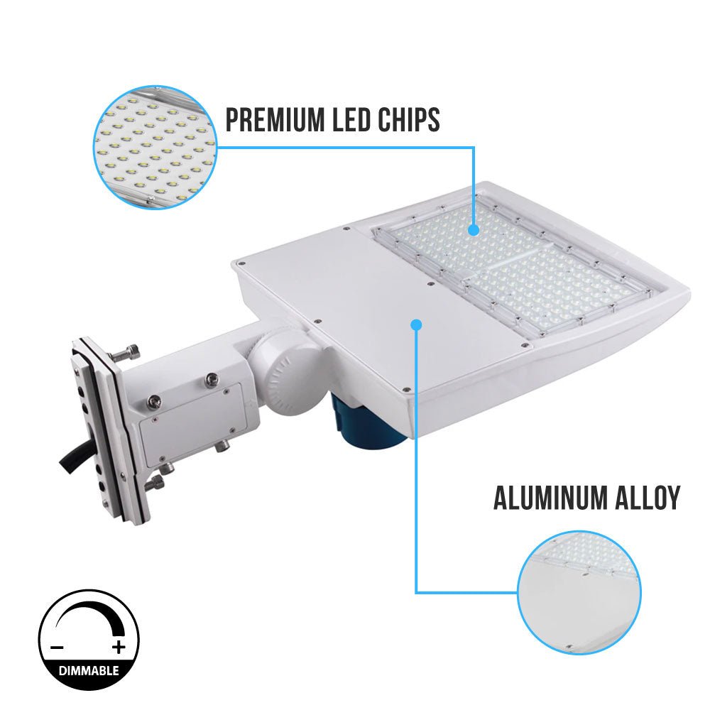 LED Pole Light with Dusk to Dawn Photocell, 150W/120W/100W Wattage Adjustable, 5700K, Universal Mount (Adjustable Slip Fitter + Wall Mount), White, IP65 Waterproof, AC120-277V, Gen14B, LED Parking Lot Lights - Outdoor Commercial Area Street Lighting