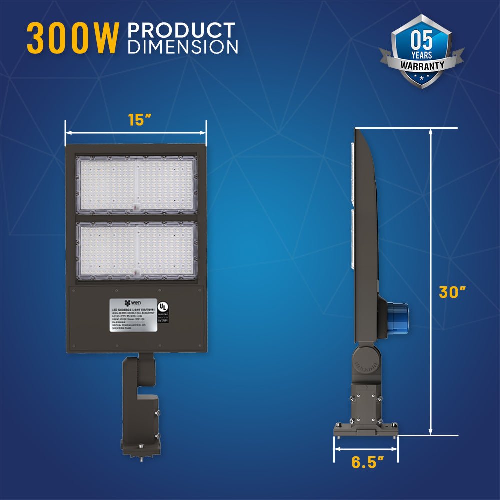LED Pole Light with Dusk to Dawn Photocell 300W/240W/200W Wattage Adjustable, 5700K, 133 LM/W, AC120-277V, Universal Mount (Adjustable Slip Fitter + Wall Mount), Bronze Waterproof IP65, Parking Lot Lights - Outdoor Commercial Area Street Lighting