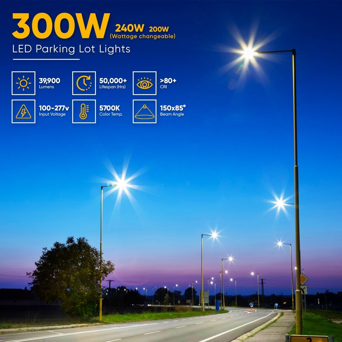 LED Pole Light with Dusk to Dawn Photocell 300W/240W/200W Wattage Adjustable, 5700K, 133 LM/W, AC120-277V, Universal Mount (Adjustable Slip Fitter + Wall Mount), Bronze Waterproof IP65, Parking Lot Lights - Outdoor Commercial Area Street Lighting