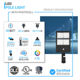 LED Pole Light with Dusk to Dawn Photocell, 300W/240W/200W Wattage Adjustable, 5700K, 133 LM/W, Universal Mount (Adjustable Slip Fitter + Wall Mount), Black, Waterproof IP65, AC120-277V, LED Parking Lot Lights, Outdoor Commercial Area Street Lighting