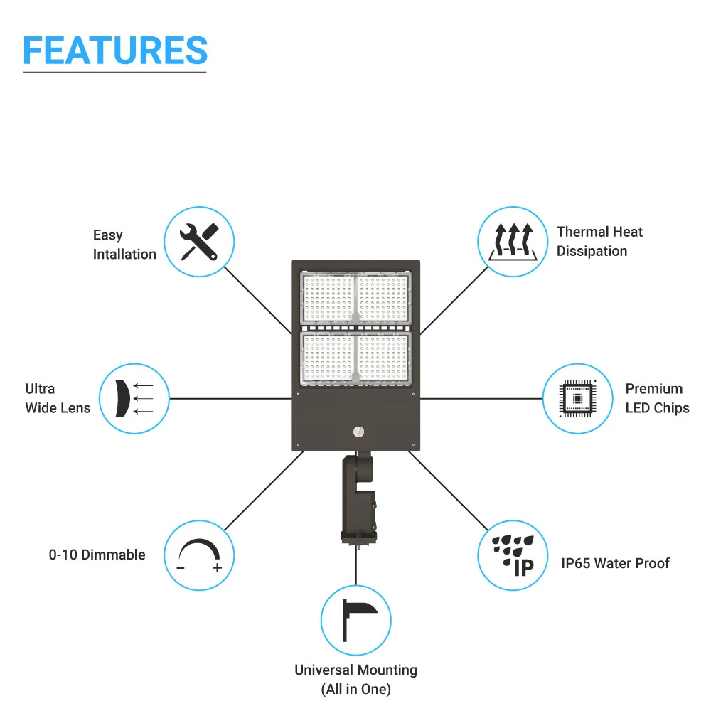 LED Pole Light with Dusk to Dawn Photocell, 300W/240W/200W Wattage Adjustable, 5700K, 133 LM/W, Universal Mount (Adjustable Slip Fitter + Wall Mount), Black, Waterproof IP65, AC120-277V, LED Parking Lot Lights, Outdoor Commercial Area Street Lighting
