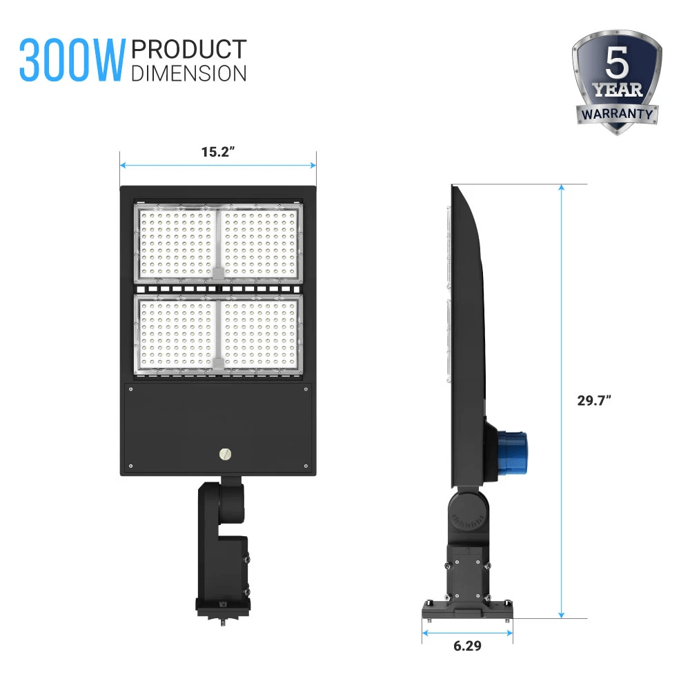 LED Pole Light with Dusk to Dawn Photocell, 300W/240W/200W Wattage Adjustable, 5700K, 133 LM/W, Universal Mount (Adjustable Slip Fitter + Wall Mount), Black, Waterproof IP65, AC120-277V, LED Parking Lot Lights, Outdoor Commercial Area Street Lighting