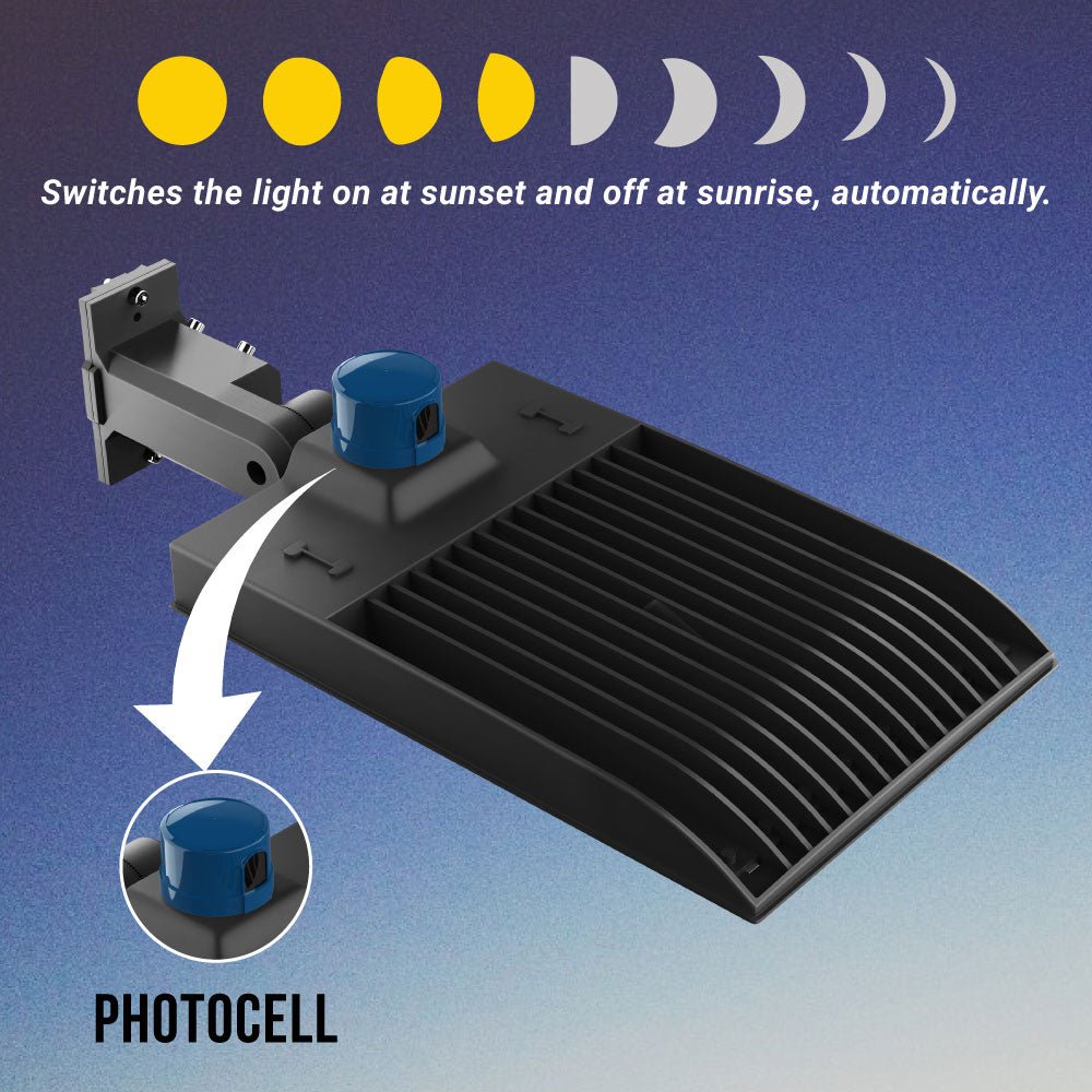 LED Pole Light with Dusk to Dawn Photocell, 300W/240W/200W Wattage Adjustable, 5700K, 133 LM/W, Universal Mount (Adjustable Slip Fitter + Wall Mount), Black, Waterproof IP65, AC120-277V, LED Parking Lot Lights, Outdoor Commercial Area Street Lighting