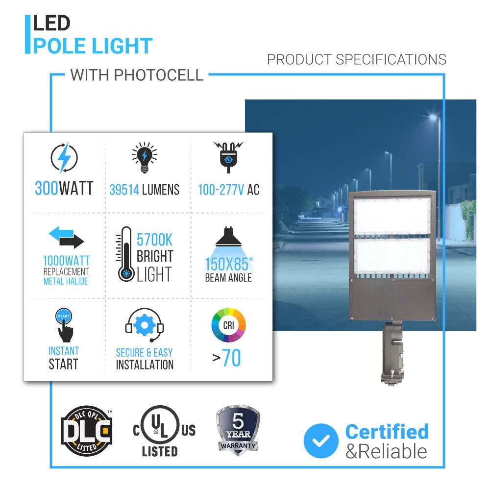 LED Pole Light with Dusk to Dawn Photocell, 300W/240W/200W Wattage Adjustable, 5700K, 133 LM/W, Universal Mount (Adjustable Slip Fitter + Wall Mount), Gray, IP65 Waterproof, AC120-277V, LED Parking Lot Lights - Outdoor Commercial Area Street Lighting