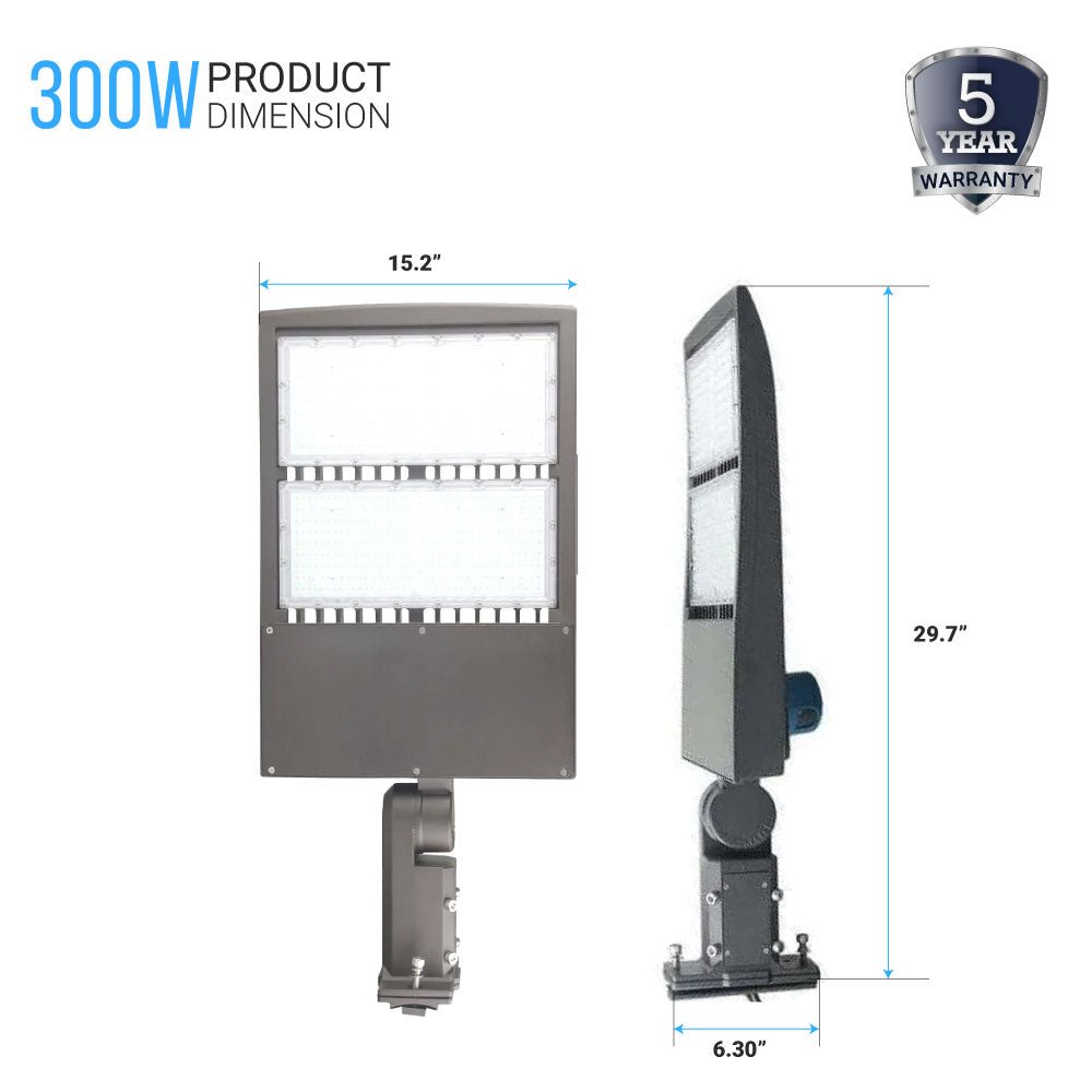 LED Pole Light with Dusk to Dawn Photocell, 300W/240W/200W Wattage Adjustable, 5700K, 133 LM/W, Universal Mount (Adjustable Slip Fitter + Wall Mount), Gray, IP65 Waterproof, AC120-277V, LED Parking Lot Lights - Outdoor Commercial Area Street Lighting