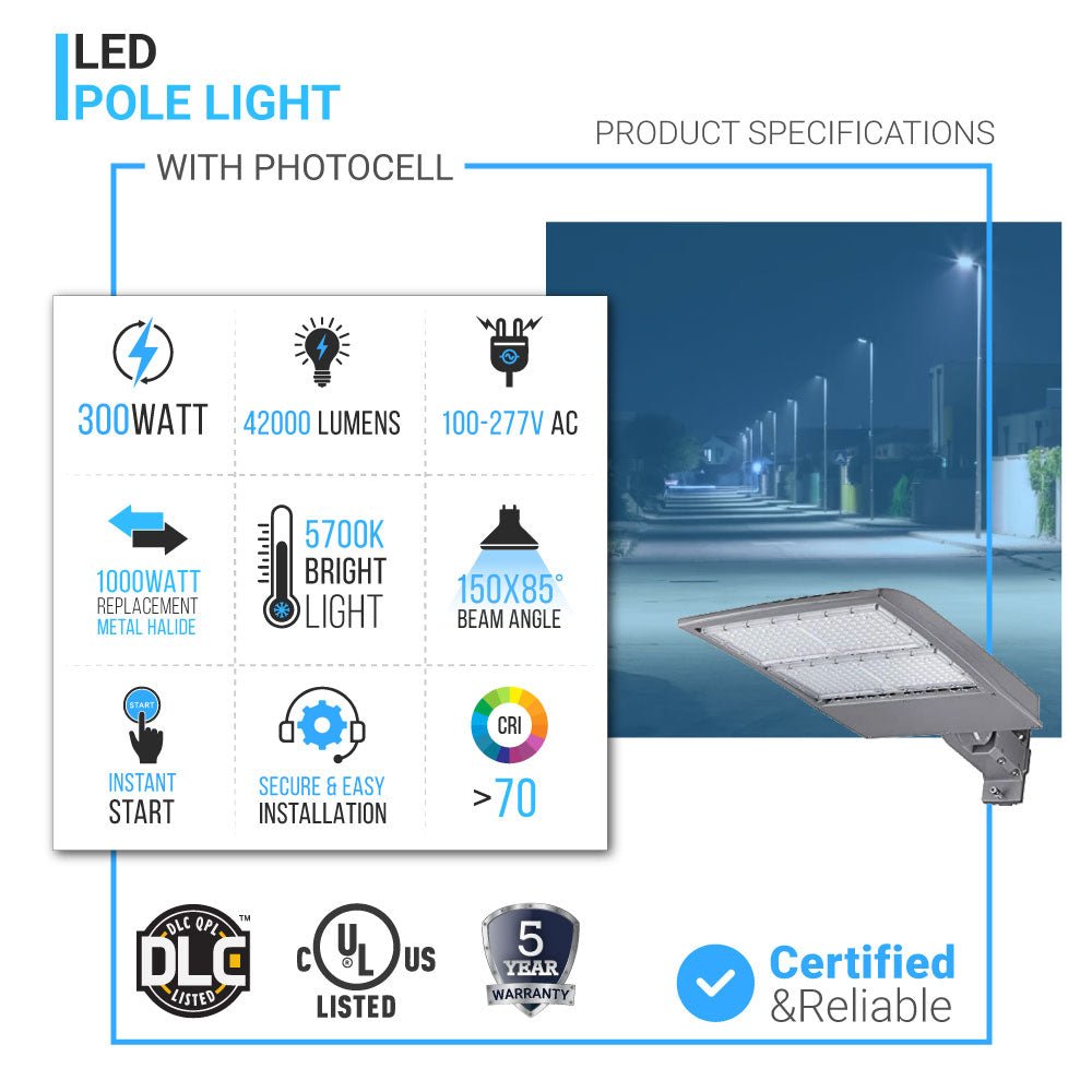 LED Pole Light with Dusk to Dawn Photocell, 300W/240W/200W Wattage Adjustable, 5700K, 133 LM/W, Universal Mount (Adjustable Slip Fitter + Wall Mount), Silver, IP65 Waterproof, AC100-277V, LED Parking Lot Lights - Outdoor Commercial Area Street Lighting,