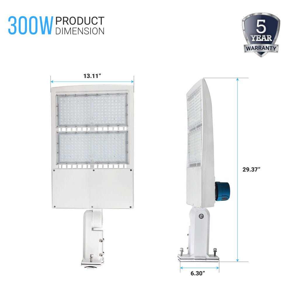 LED Pole Light with Dusk to Dawn Photocell, 300W/240W/200W Wattage Adjustable, 5700K, 133 LM/W, Universal Mount (Adjustable Slip Fitter + Wall Mount), White, IP65 Waterproof, AC120-277V, LED Parking Lot Lights - Outdoor Commercial Area Street Lighting