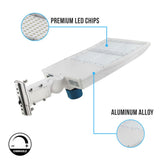 LED Pole Light with Dusk to Dawn Photocell, 300W/240W/200W Wattage Adjustable, 5700K, 133 LM/W, Universal Mount (Adjustable Slip Fitter + Wall Mount), White, IP65 Waterproof, AC120-277V, LED Parking Lot Lights - Outdoor Commercial Area Street Lighting