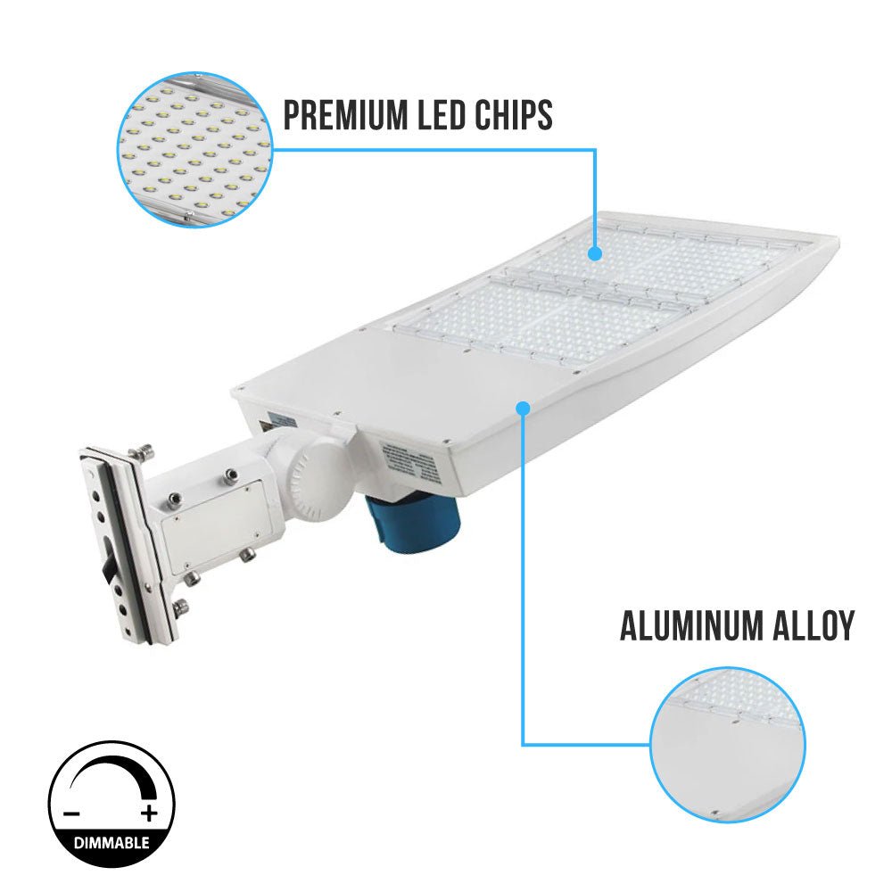 LED Pole Light with Dusk to Dawn Photocell, 300W/240W/200W Wattage Adjustable, 5700K, 133 LM/W, Universal Mount (Adjustable Slip Fitter + Wall Mount), White, IP65 Waterproof, AC120-277V, LED Parking Lot Lights - Outdoor Commercial Area Street Lighting