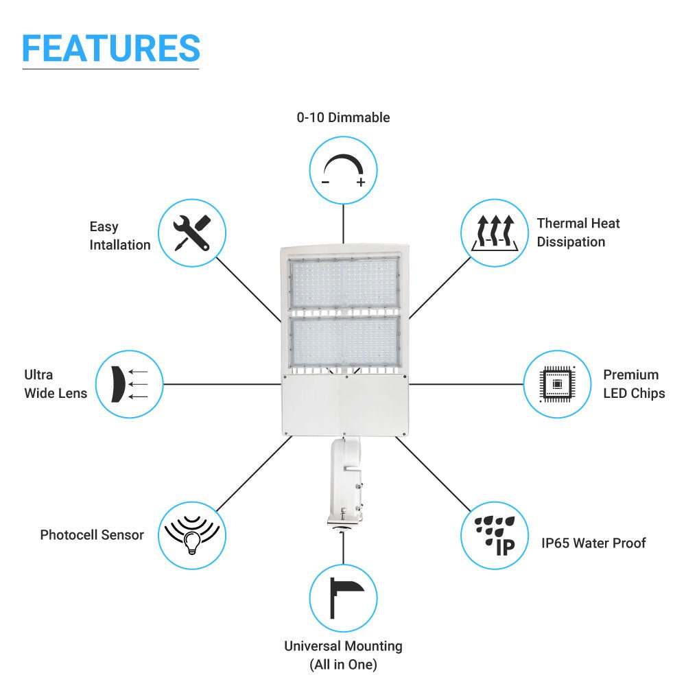 LED Pole Light with Dusk to Dawn Photocell, 300W/240W/200W Wattage Adjustable, 5700K, 133 LM/W, Universal Mount (Adjustable Slip Fitter + Wall Mount), White, IP65 Waterproof, AC120-277V, LED Parking Lot Lights - Outdoor Commercial Area Street Lighting