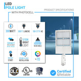 LED Pole Light with Dusk to Dawn Photocell, 300W/240W/200W Wattage Adjustable, 5700K, 133 LM/W, Universal Mount (Adjustable Slip Fitter + Wall Mount), White, IP65 Waterproof, AC120-277V, LED Parking Lot Lights - Outdoor Commercial Area Street Lighting