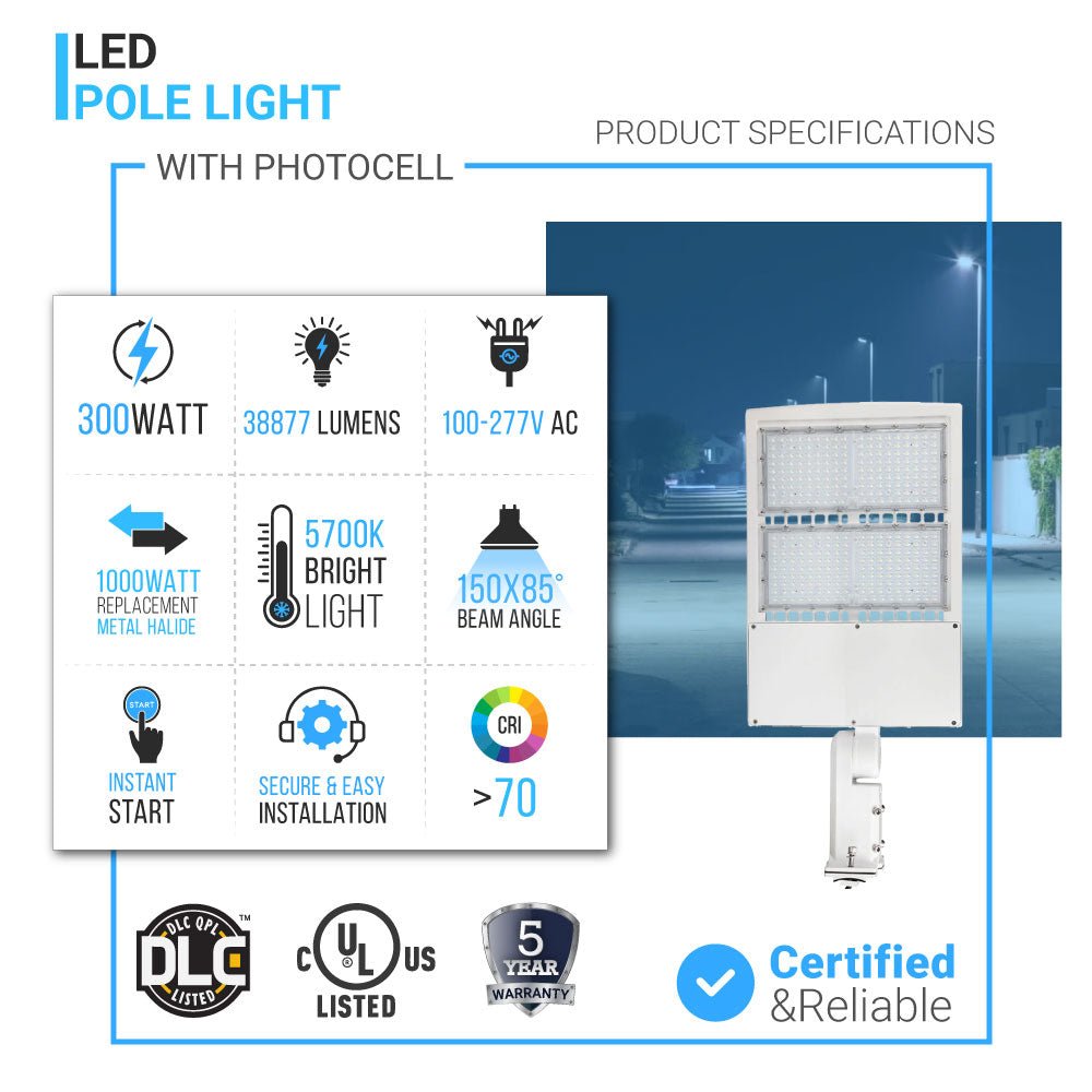 LED Pole Light with Dusk to Dawn Photocell, 300W/240W/200W Wattage Adjustable, 5700K, 133 LM/W, Universal Mount (Adjustable Slip Fitter + Wall Mount), White, IP65 Waterproof, AC120-277V, LED Parking Lot Lights - Outdoor Commercial Area Street Lighting