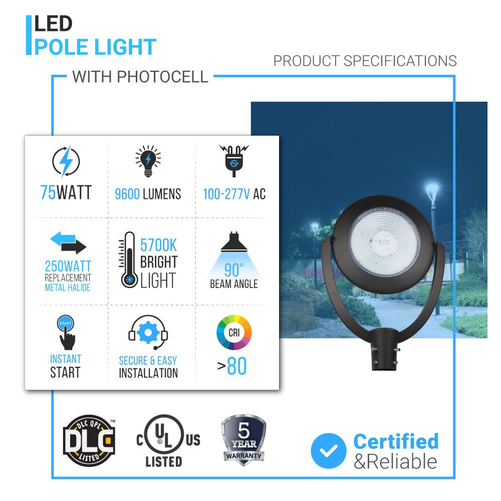 LED Post Top Light With Photocell 75W, 5700K, AC120-277V, UL, DLC Listed, IP65 Waterproof, Dimmable, Bronze, For Street Yard Garden Lighting