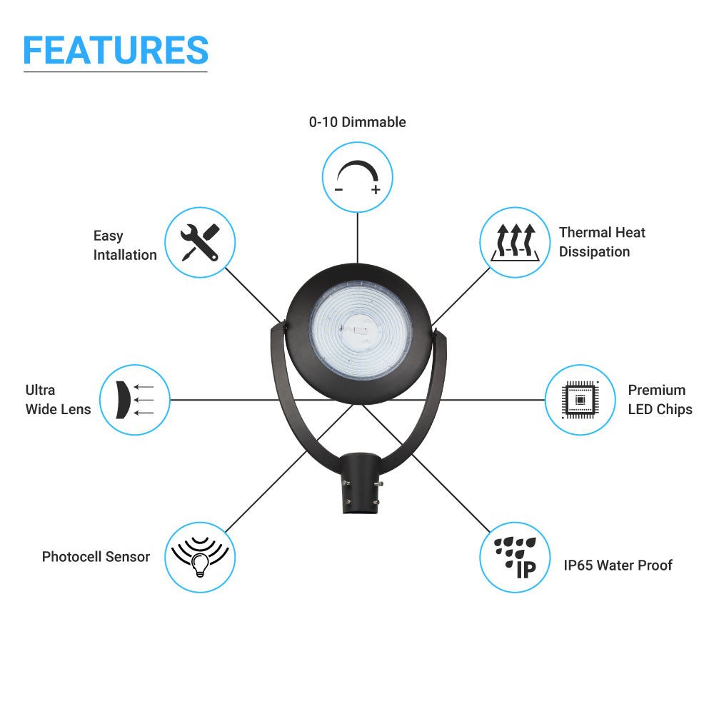 LED Post Top Light With Photocell 75W, 5700K, AC120-277V, UL, DLC Listed, IP65 Waterproof, Dimmable, Bronze, For Street Yard Garden Lighting
